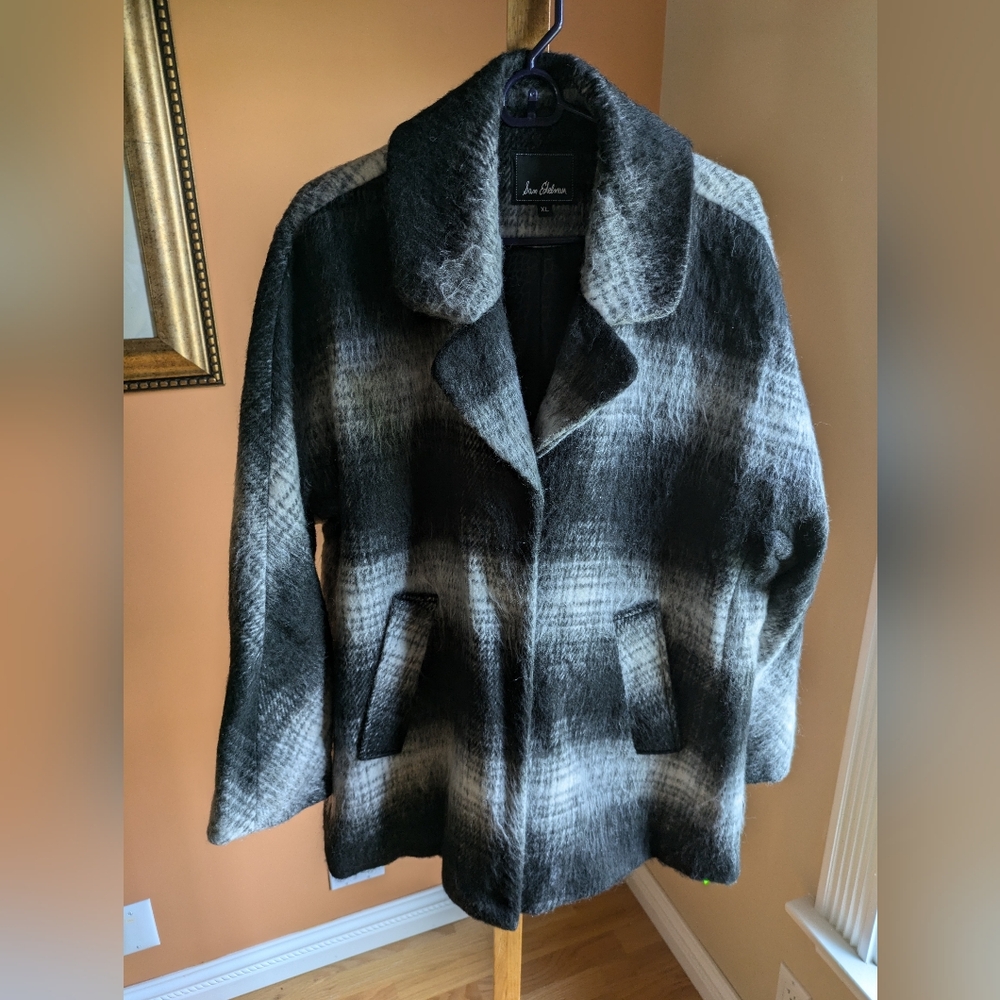 Sam Edelman Black & Gray Plaid Wool Blend Coat